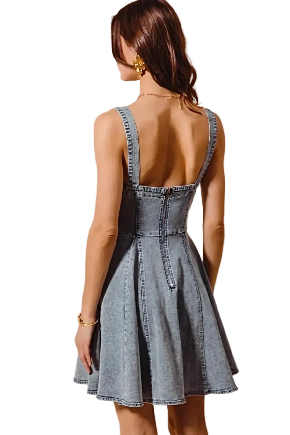 SO ME Mineral Washed Bow Ribbon Denim Flare Dress -