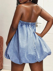 Tube Bubble Hem Denim Dress -