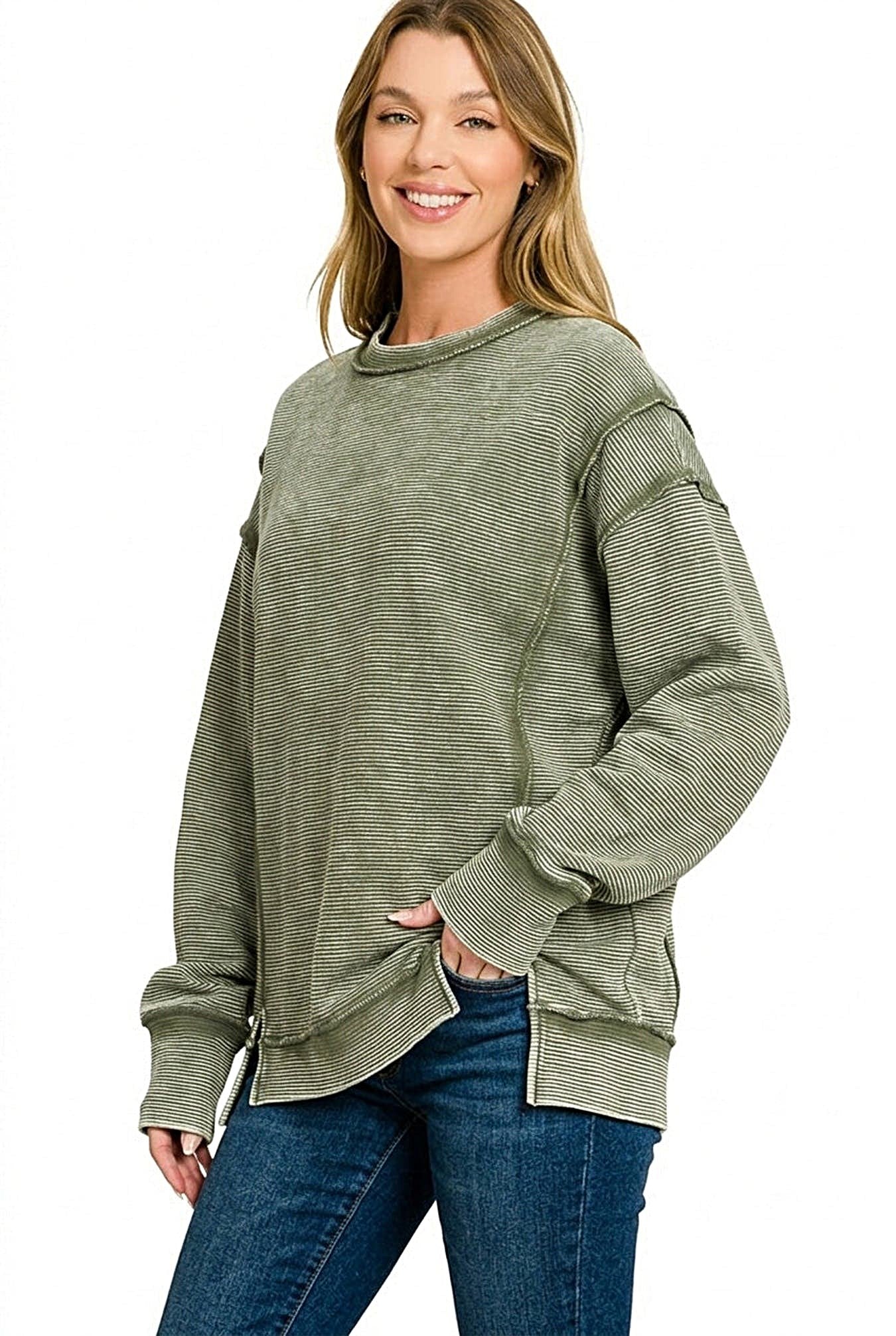 Zenana Acid Washed Double Ribbed Exposed-Seam Sweatshirt -