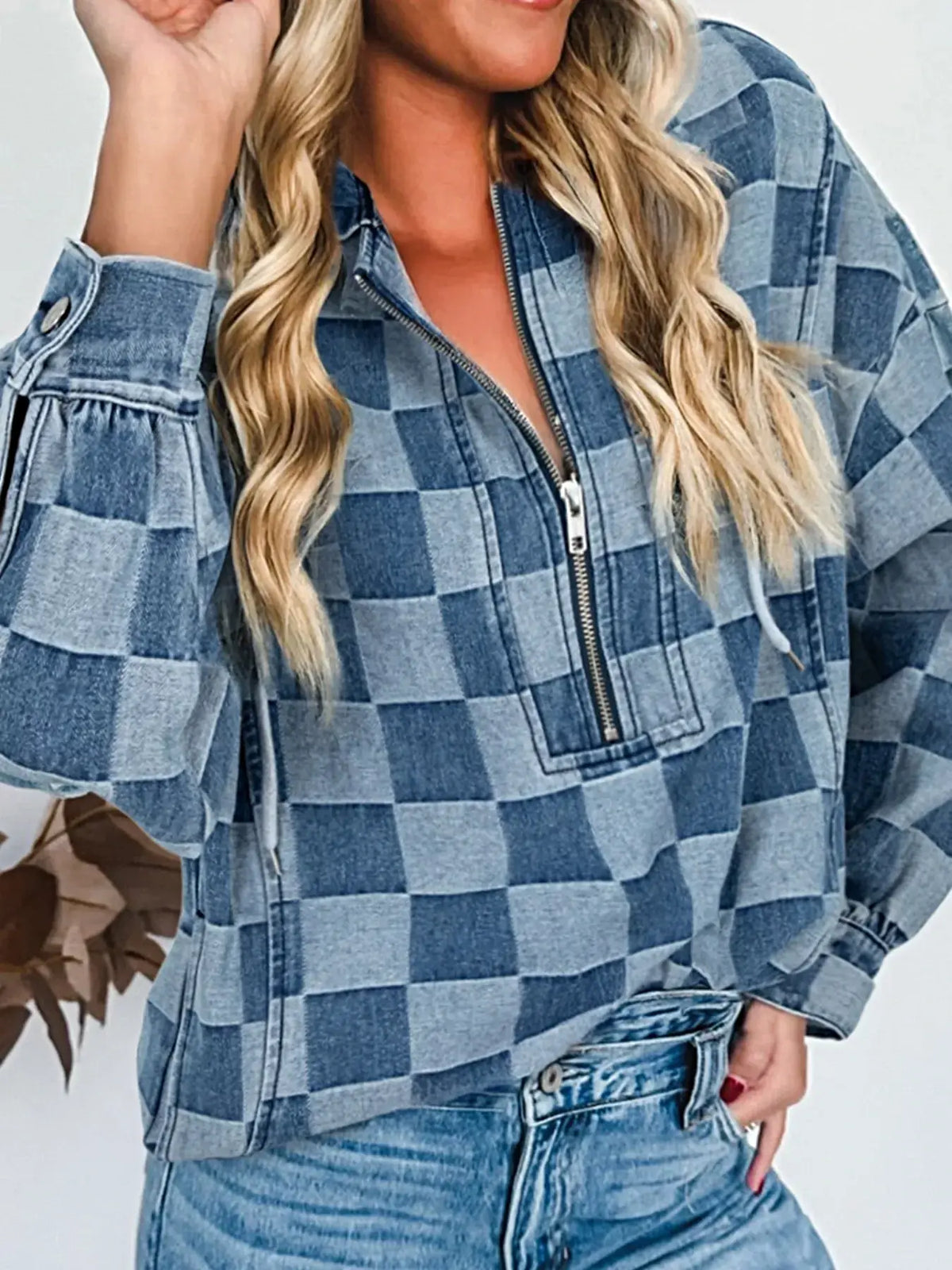 Checkered Half Zip Denim Hoodie Top -