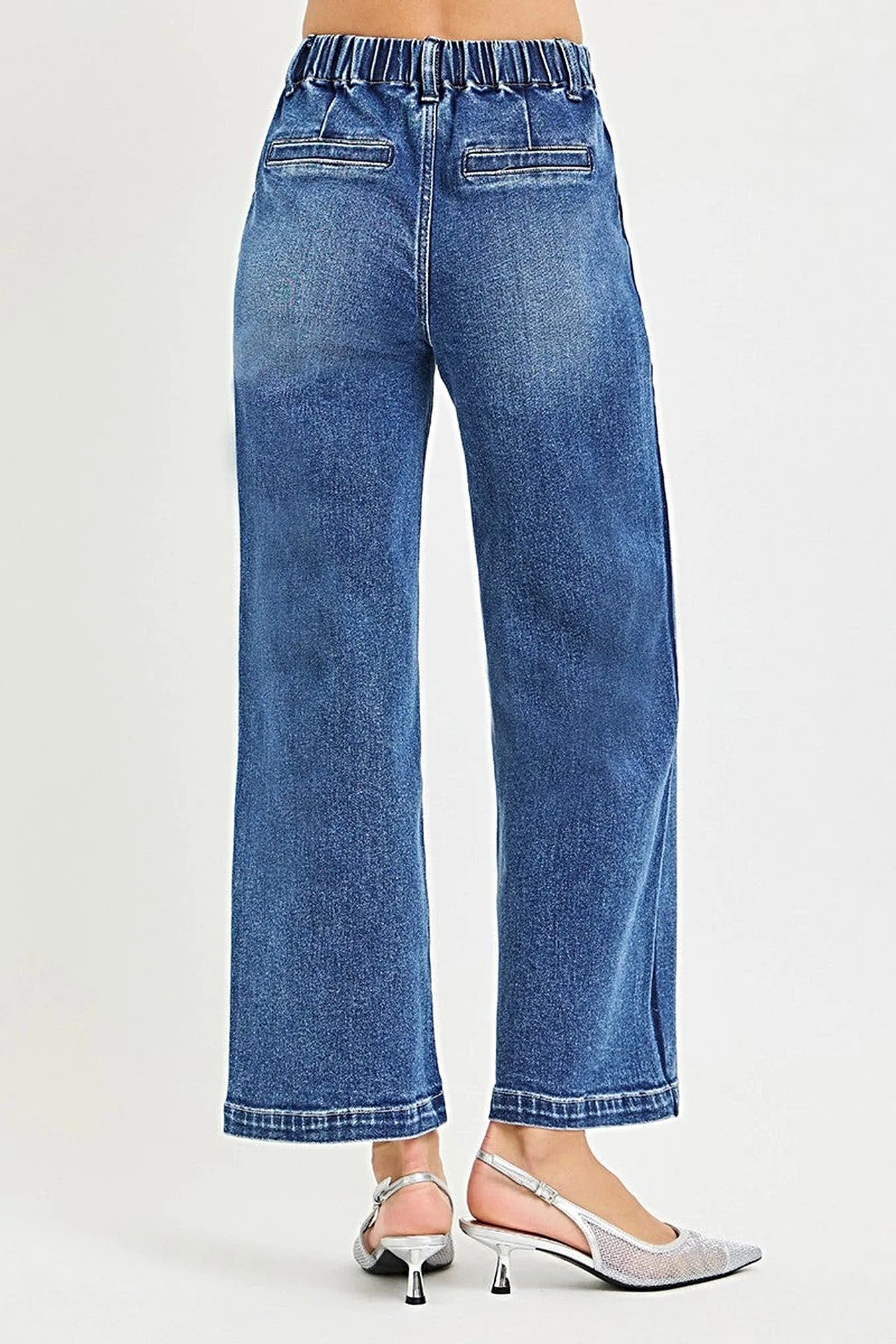 RISEN Elastic Band High Rise Cropped Wide Jeans -