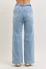 Judy Blue Mid Rise Retro Wide Leg Jeans with Fold-over Waistband -