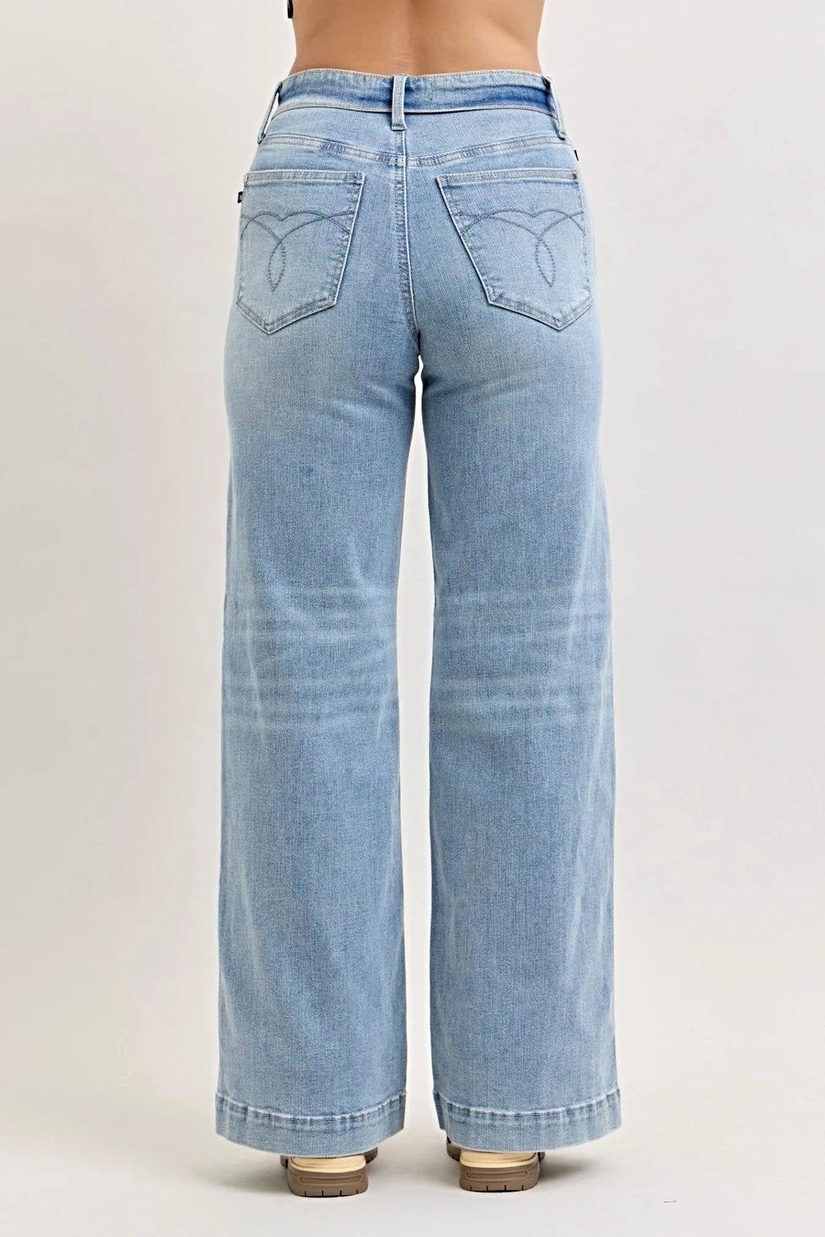 Judy Blue Mid Rise Retro Wide Leg Jeans with Fold-over Waistband -