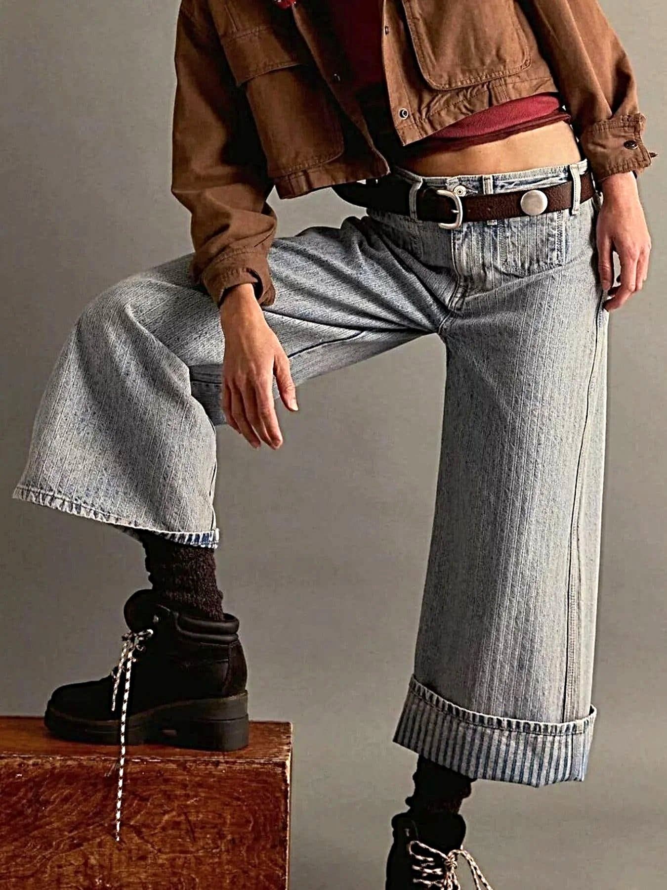 Luxury Wide Leg Cropped Jeans with Pocketed Design, 85% Cotton Blend, Machine Washable -