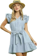 Umgee Chambray Ruffled Denim Dress with Side Pockets -