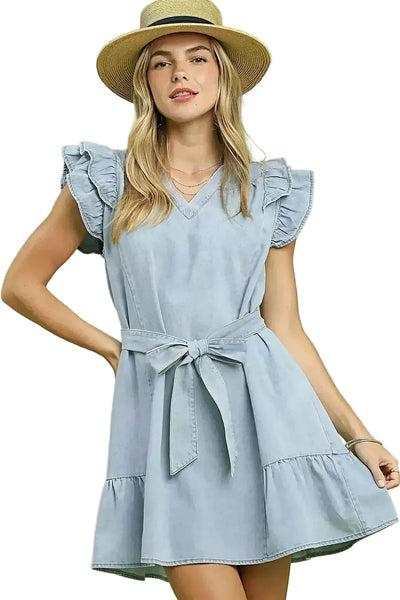Umgee Chambray Ruffled Denim Dress with Side Pockets -