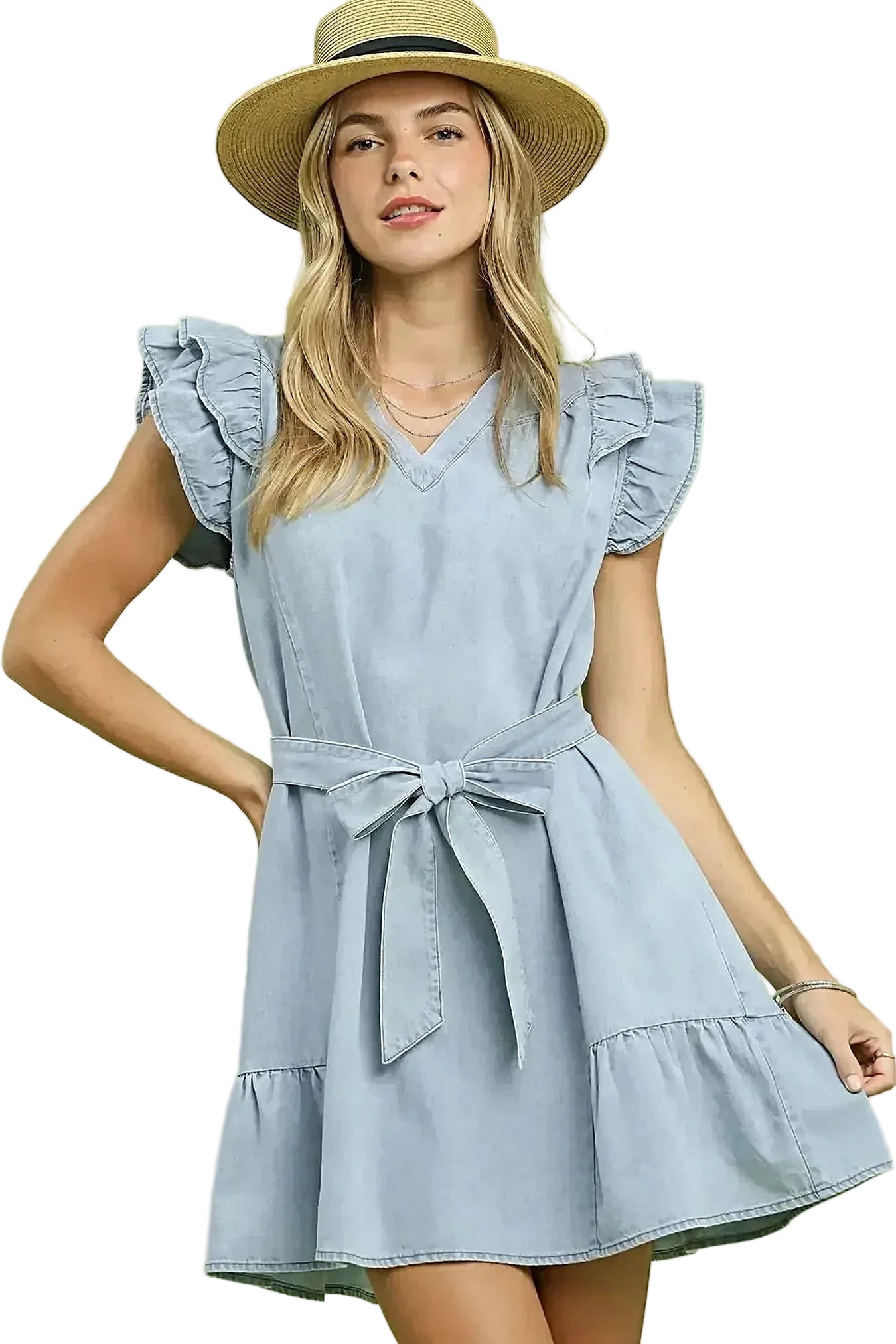 Umgee Chambray Ruffled Denim Dress with Side Pockets -