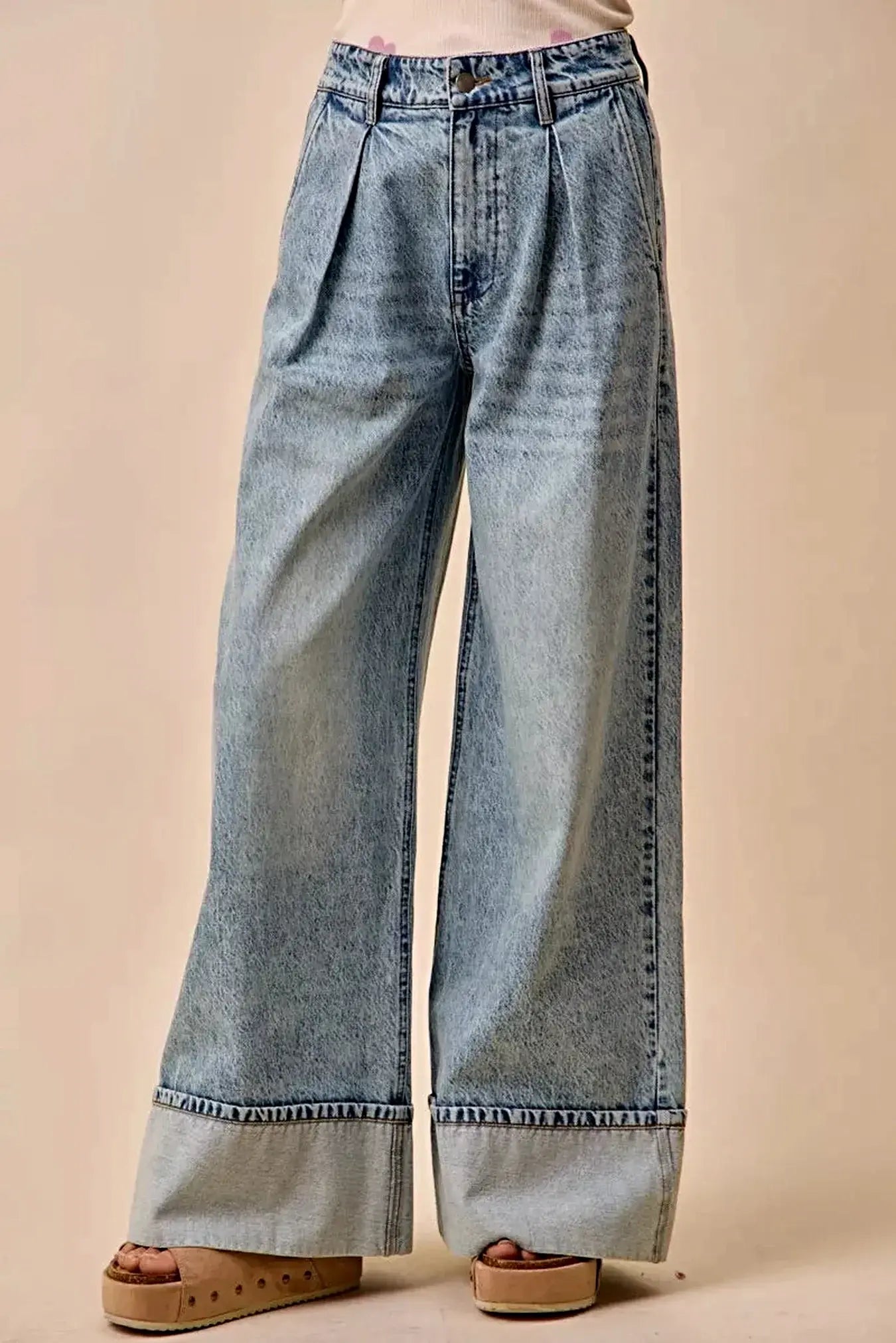 SO ME Mid Rise Plated Wid Leg Denim Jean -
