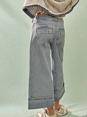 Luxury Wide Leg Cropped Jeans with Pocketed Design, 85% Cotton Blend, Machine Washable -