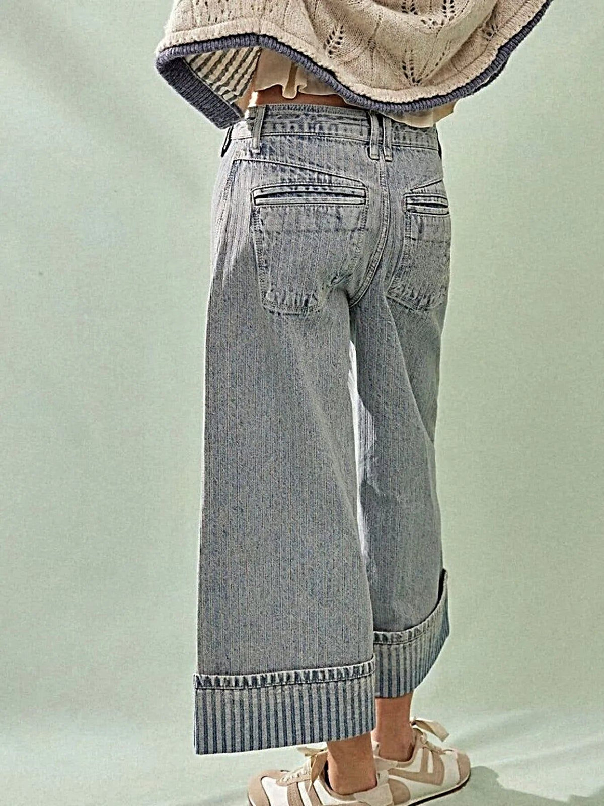 Luxury Wide Leg Cropped Jeans with Pocketed Design, 85% Cotton Blend, Machine Washable -