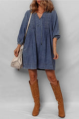 Tie Neck Long Sleeve Mini Denim Dress -