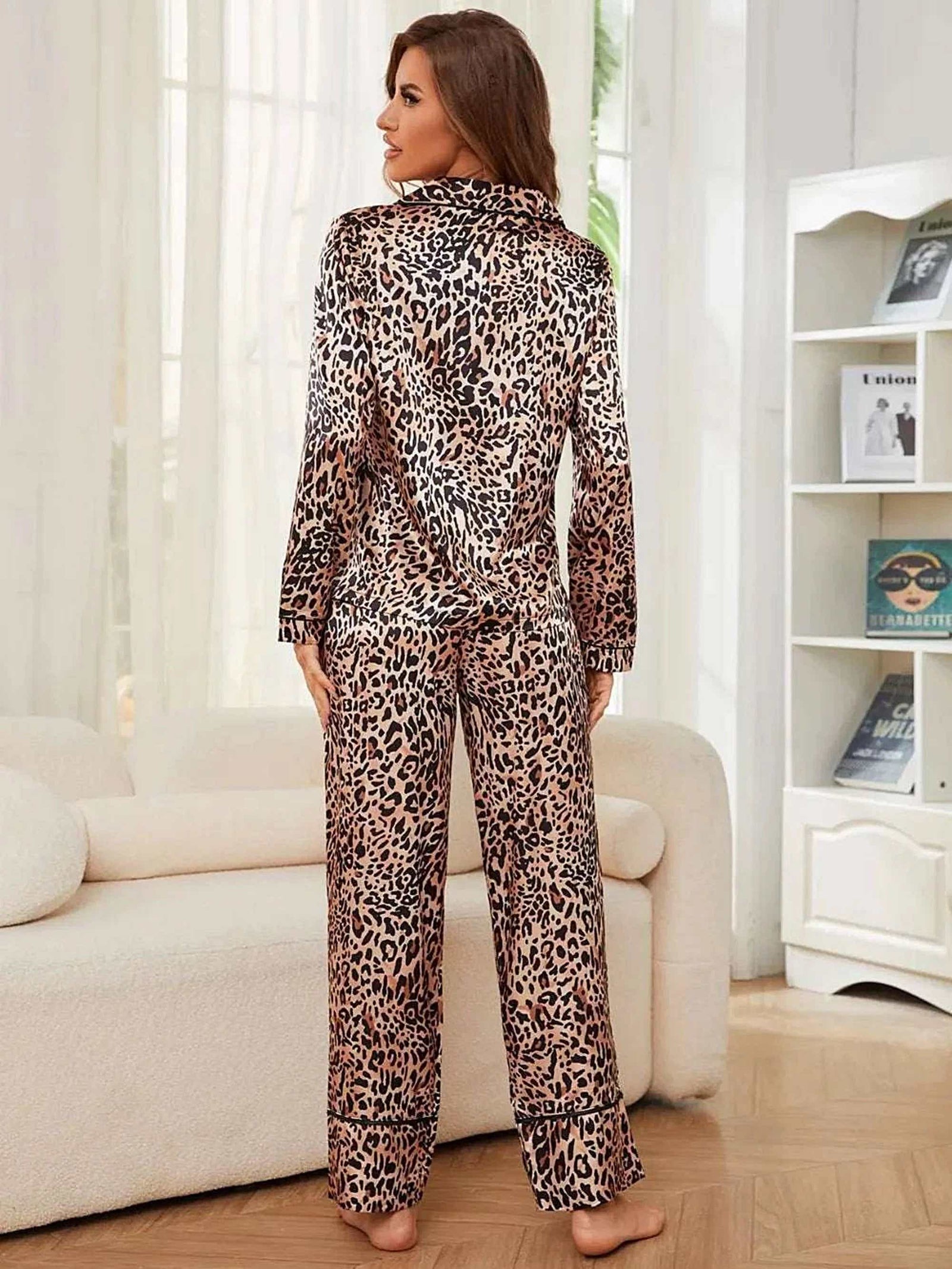 Leopard Button Up Long Sleeve Top and Pants Lounge Set - Womens Pajama