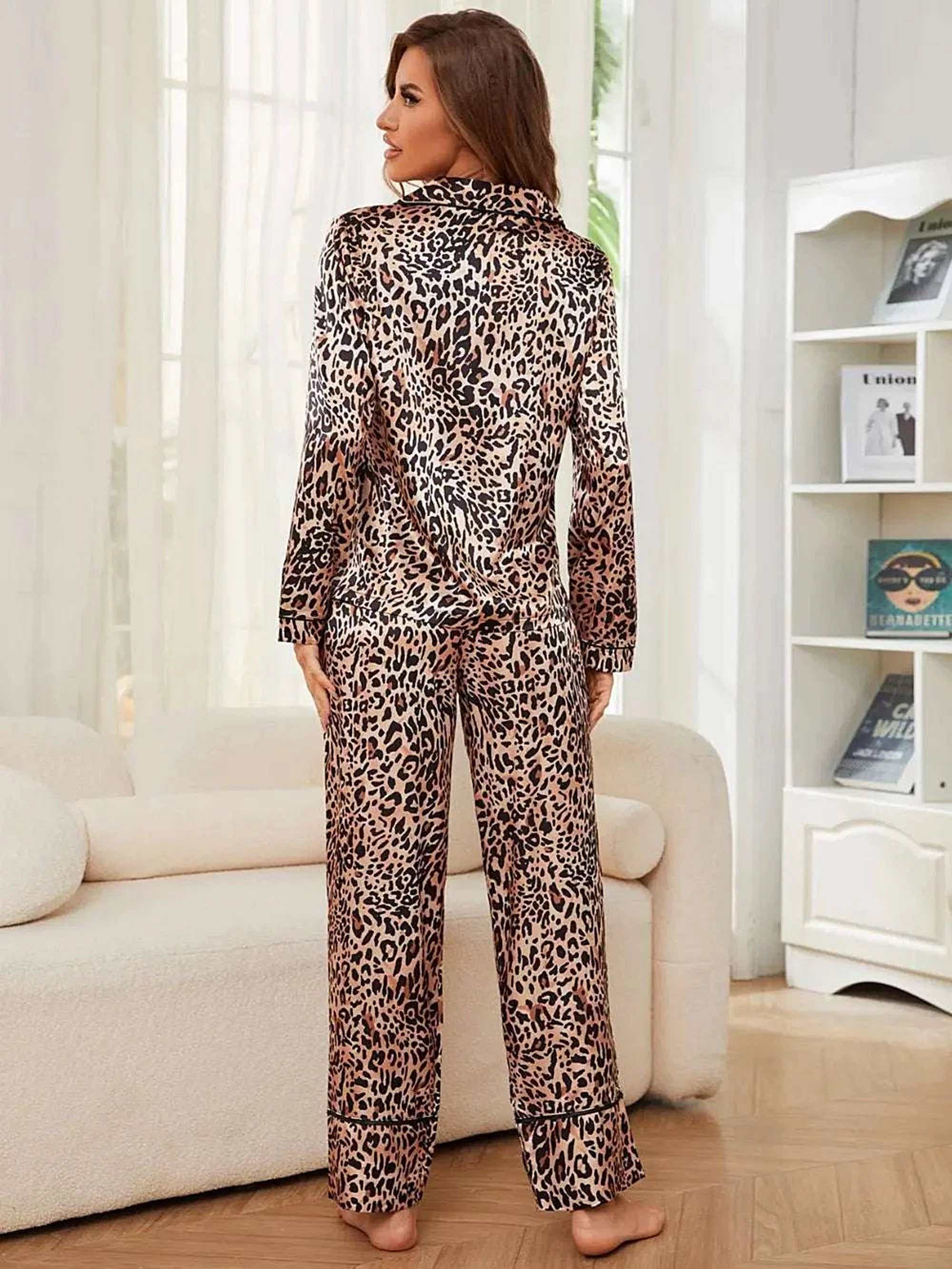 Leopard Button Up Long Sleeve Top and Pants Lounge Set - Womens Pajama