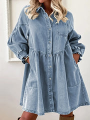Button-Up Denim Shirt Dress with Smocked Cuffs -