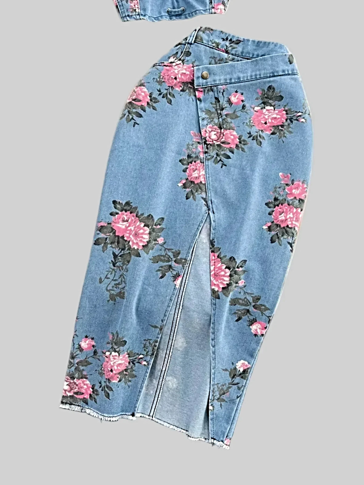 Floral Print Sweetheart Neck Cami and Skirt Denim Set -
