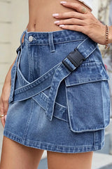 Criss-Cross Waist Detail Denim Mini Skirt -