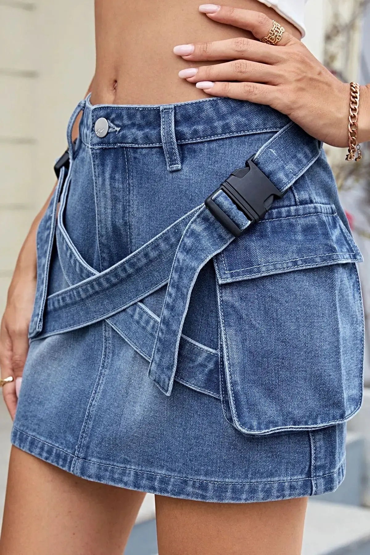 Criss-Cross Waist Detail Denim Mini Skirt -
