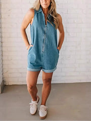 Sleeveless Zip-Up Denim Romper -
