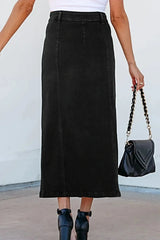 Button Fly Side Split Denim Midi Skirt -
