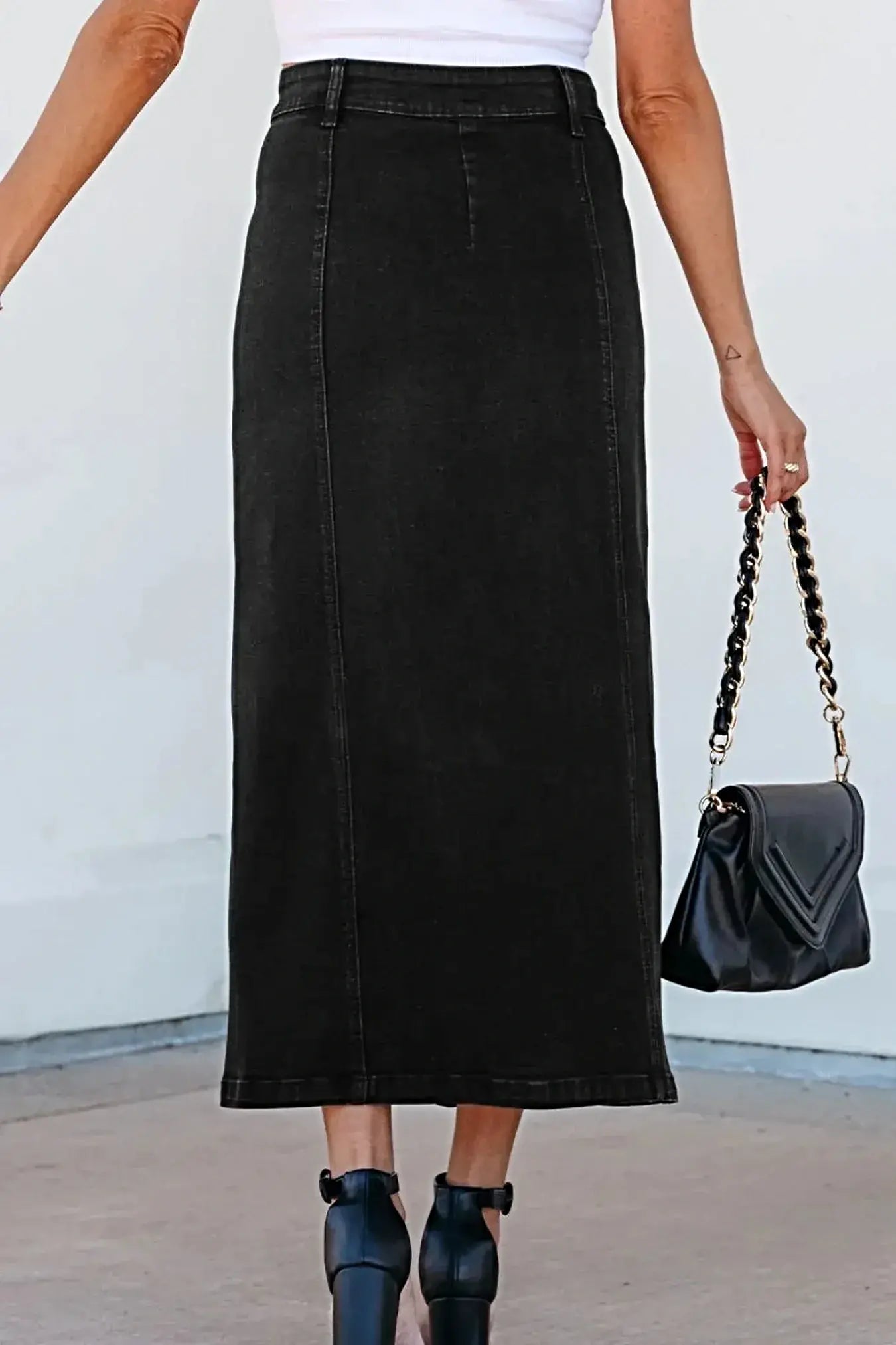 Button Fly Side Split Denim Midi Skirt -