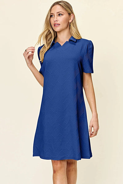 Elegant Double Take Short Sleeve Collar Dress - Textured Opaque Design, Slightly Stretchy, Machine Washable Trendsi