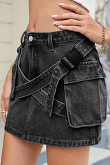 Criss-Cross Waist Detail Denim Mini Skirt -