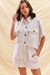 Chic Casual Spring Outfit: SO ME Button Down Denim Shirt and Shorts Set by Trendsi -