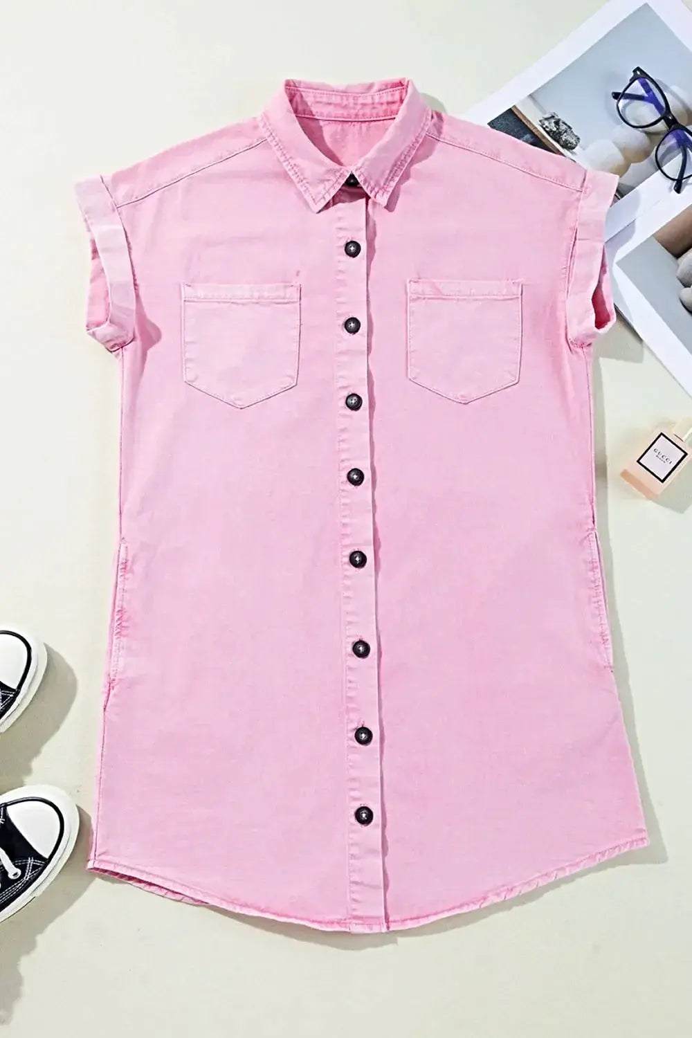 Button Down Short Sleeve Denim Dress -