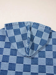 Checkered Half Zip Denim Hoodie Top -