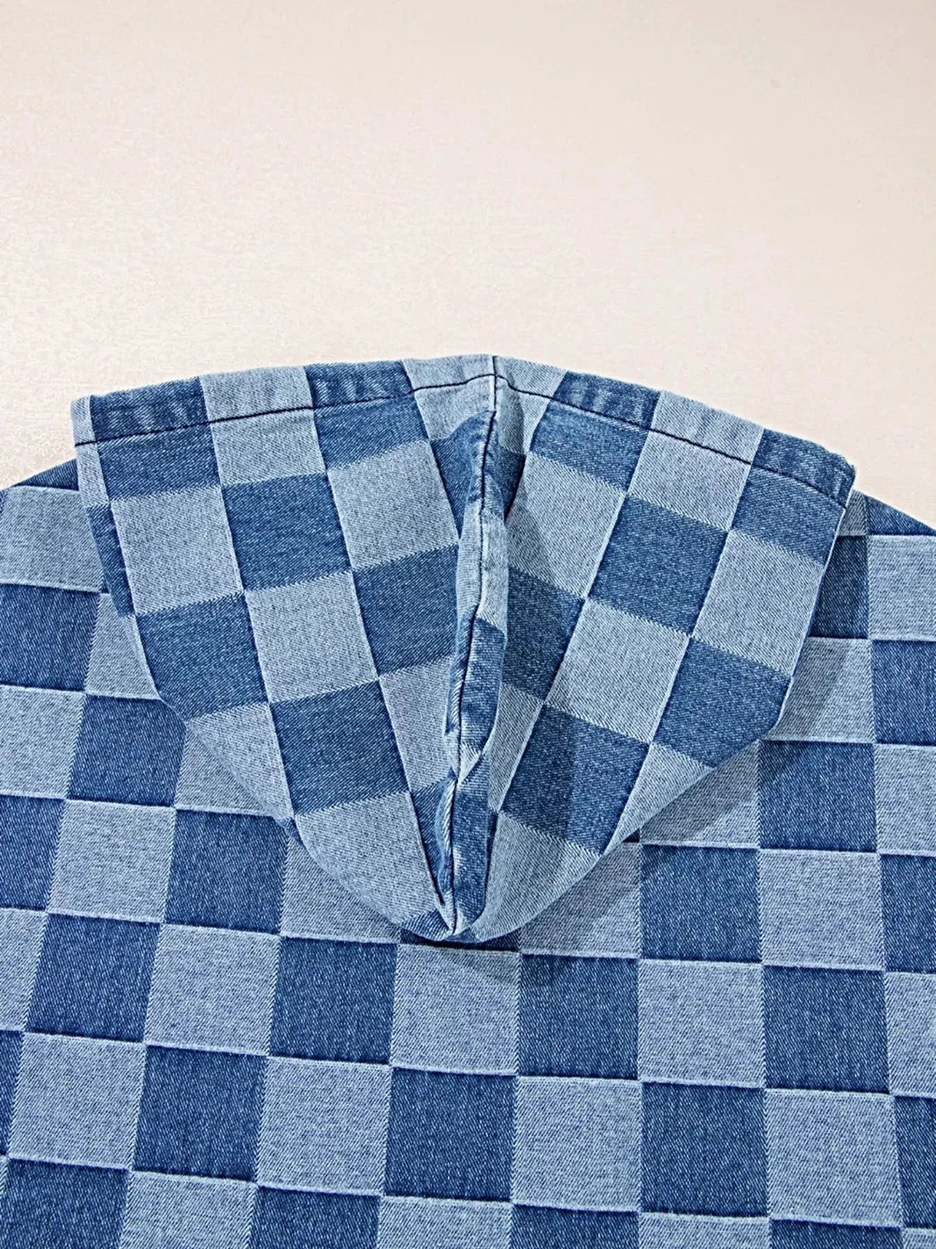 Checkered Half Zip Denim Hoodie Top -