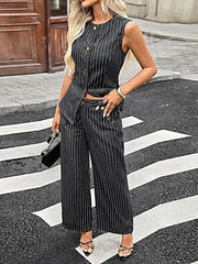Striped Button Down Tank and Pants Denim Set -