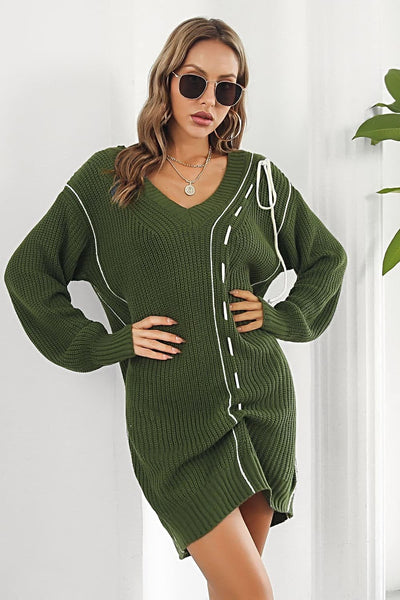 Elegant V-Neck Sweater Dress with Ribbed Long Sleeves - Casual Mini Length in 100% Acrylic Trendsi