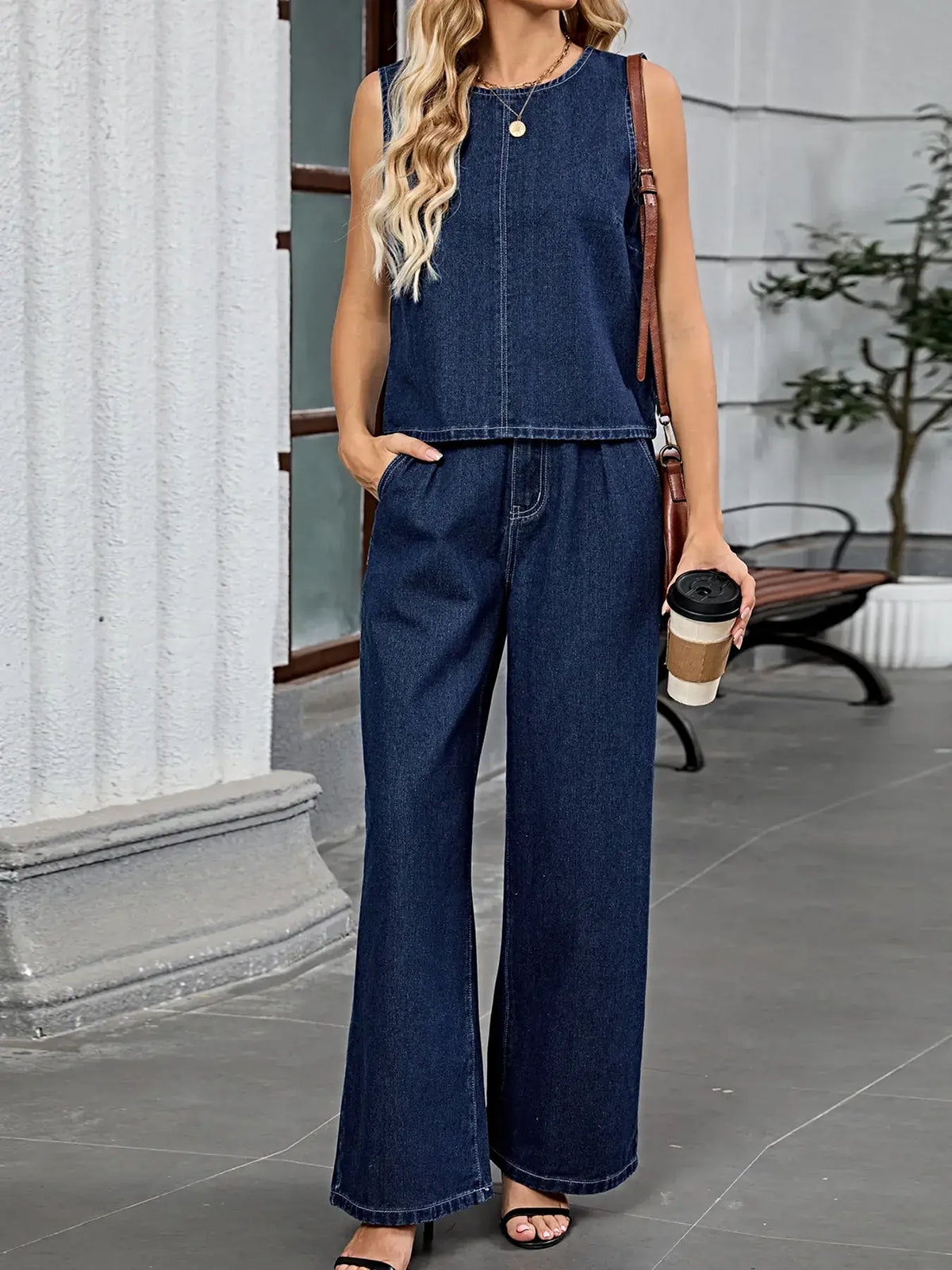 Round Neck Tank and Pants Denim Set -