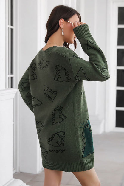 Dinosaur Pattern V-Neck Sweater Dress