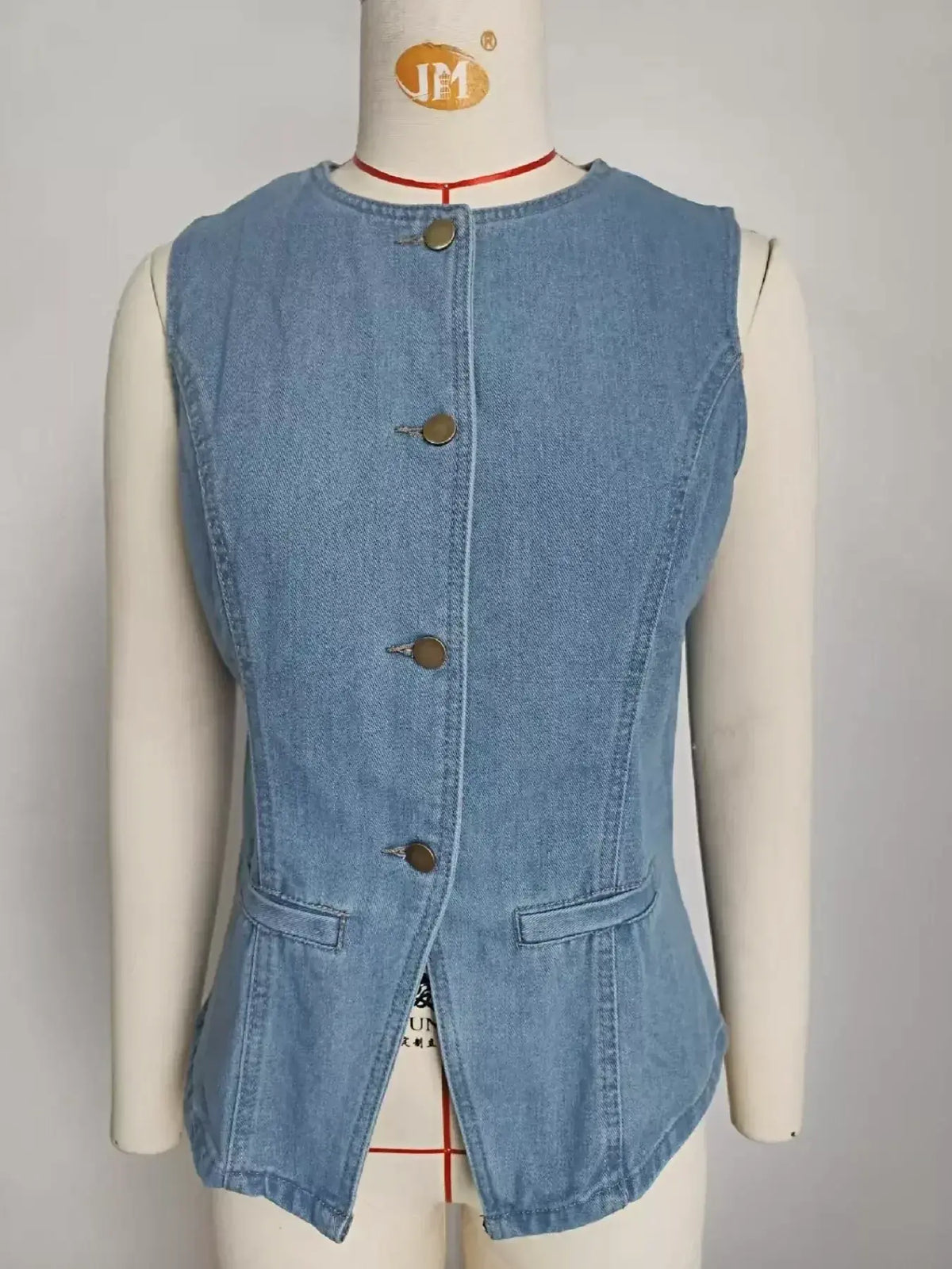 Sleeveless Button-Front Vest and Pants Denim Set -