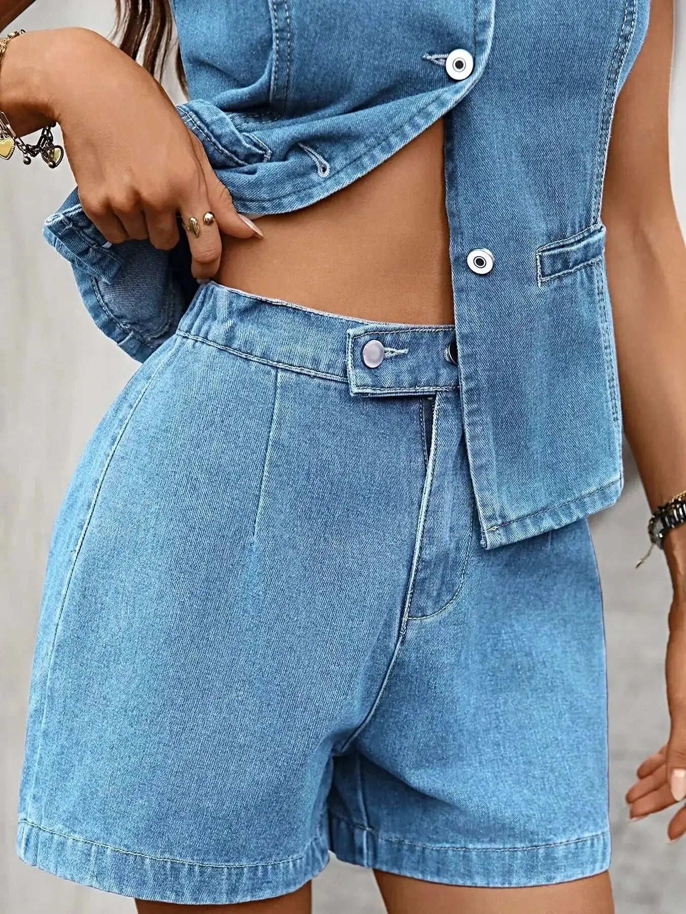 Sleeveless Button-Down Denim Vest & Shorts Set -