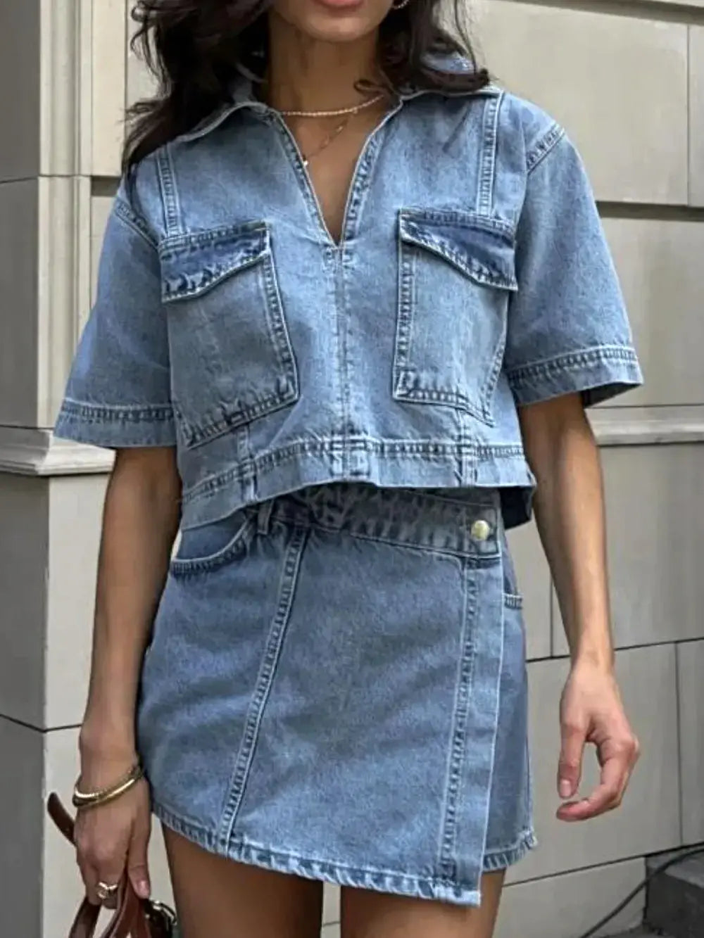 Johnny Collar Short Sleeve Top and Skort Denim Set -