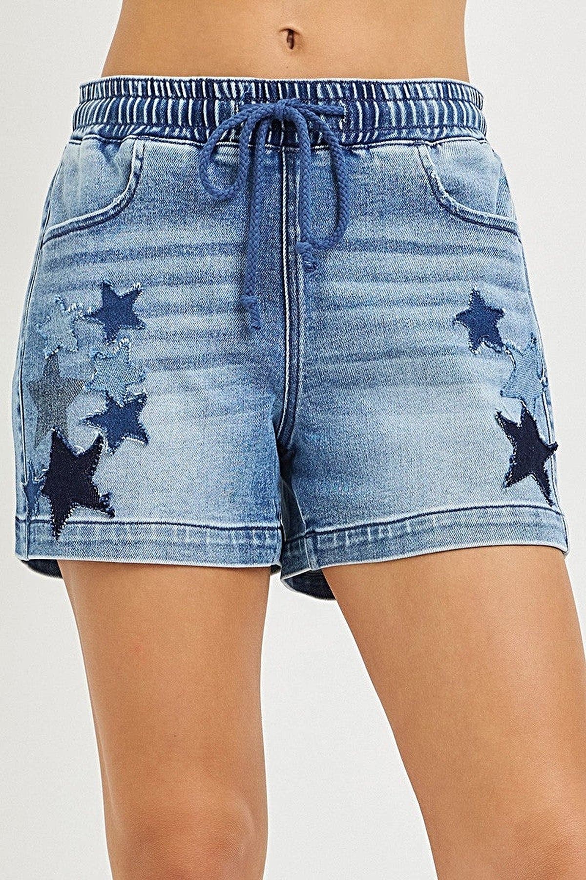 RISEN Elastic Band Slouchy Denim Shorts with Star Patched Details -