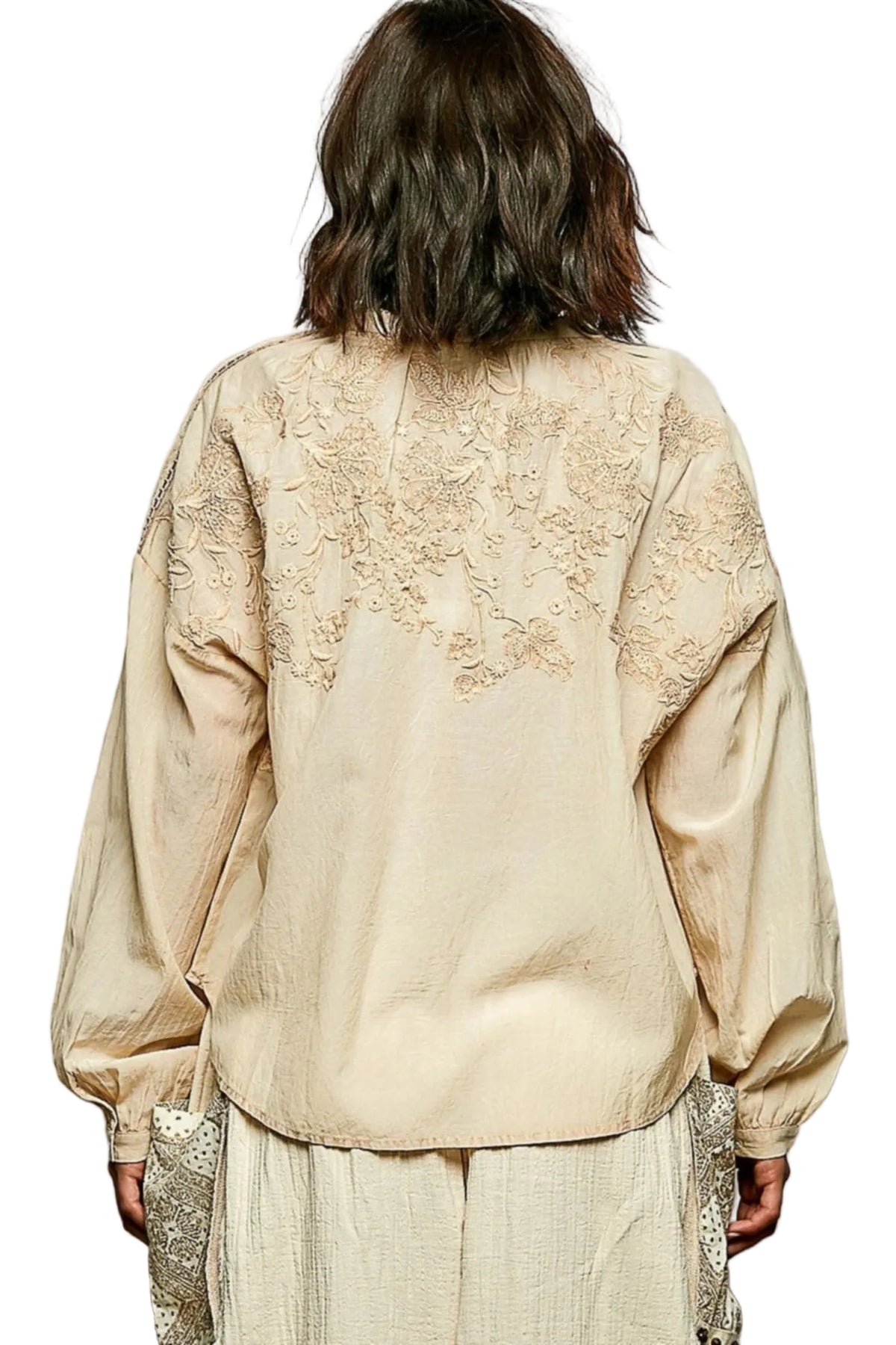 POL Embroidery Button Down Long Sleeve Washed Shirt -