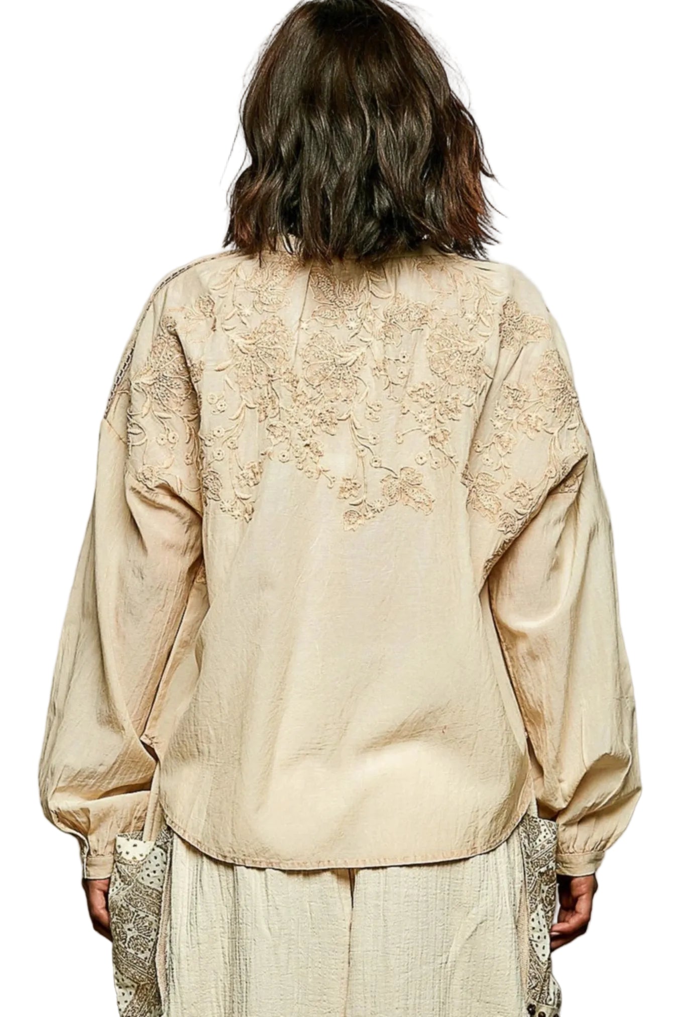 POL Embroidery Button Down Long Sleeve Washed Shirt -