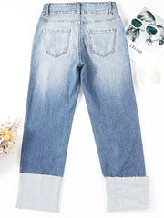 High Waist Distressed Straight Leg Jeans -