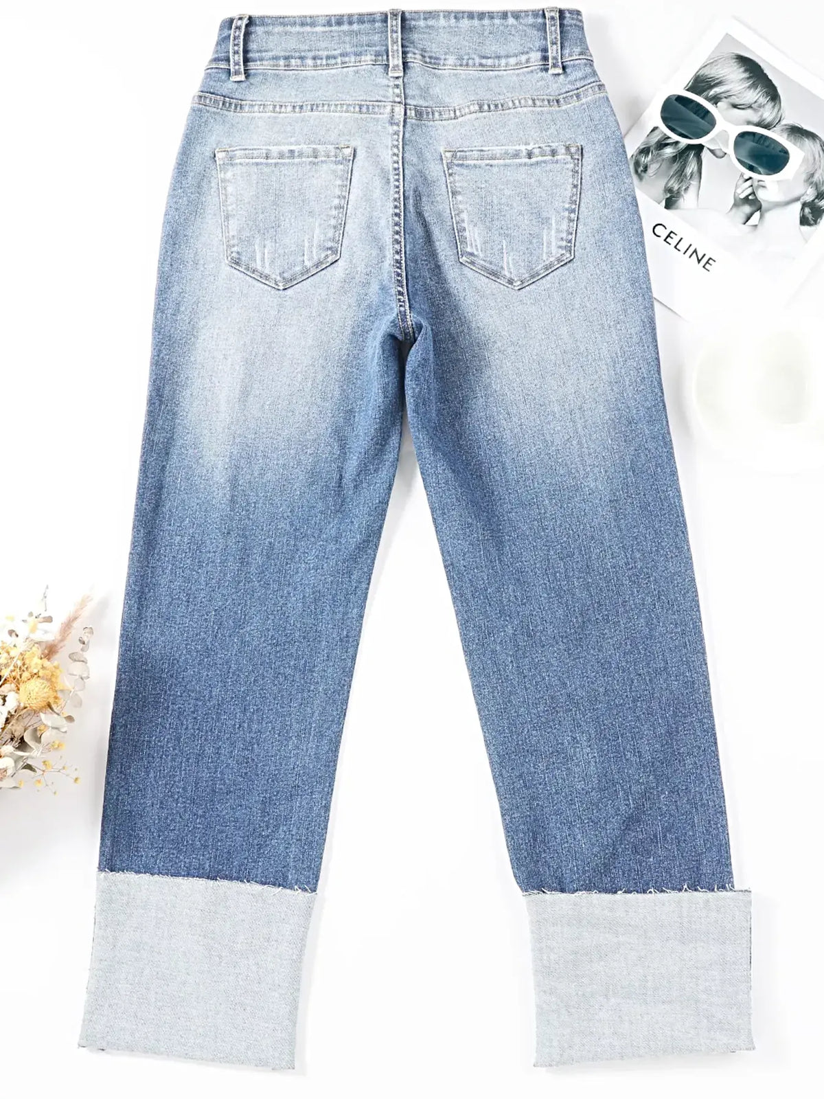 High Waist Distressed Straight Leg Jeans -