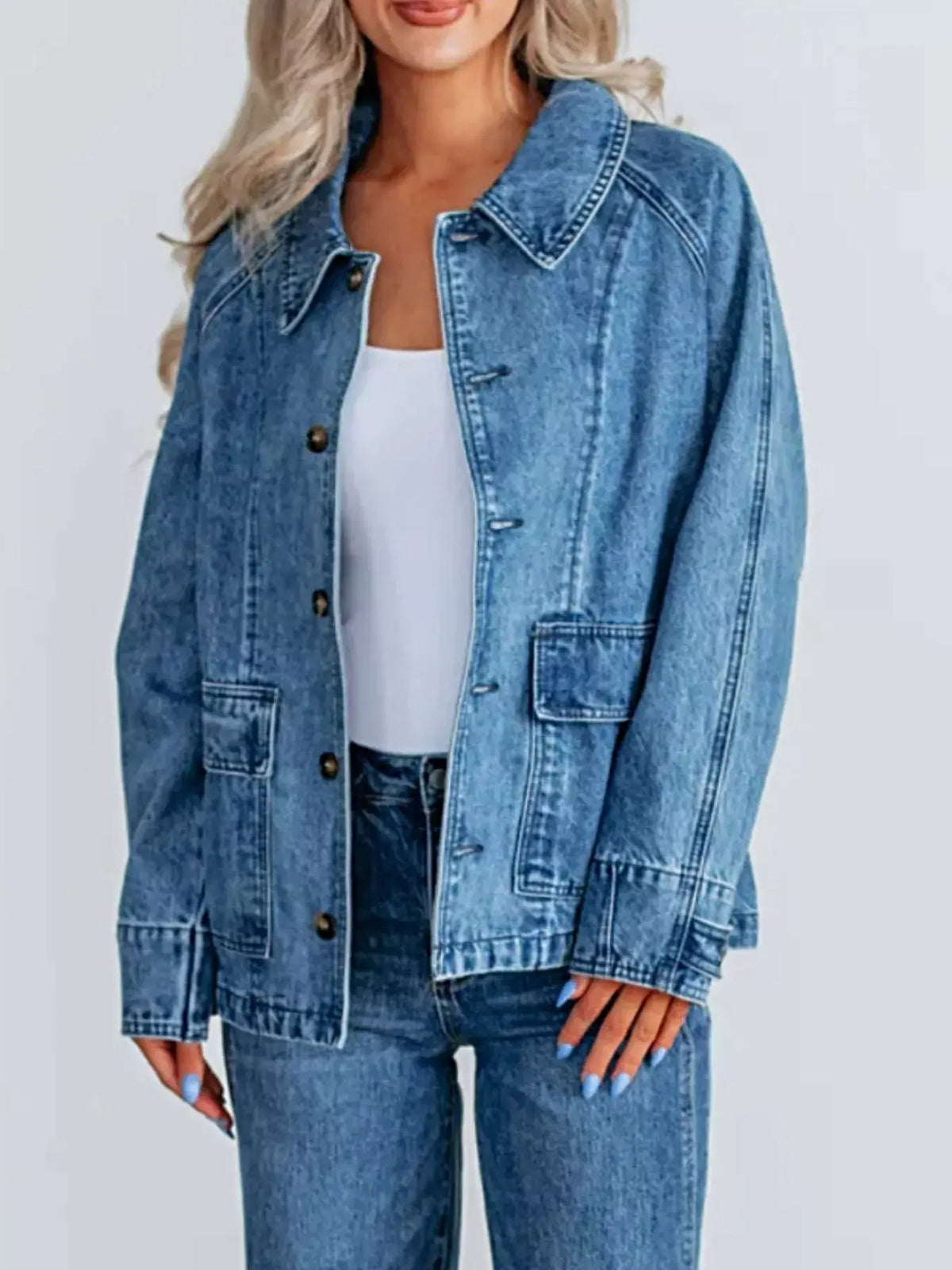 Button Up Raglan Sleeve Denim Jacket -