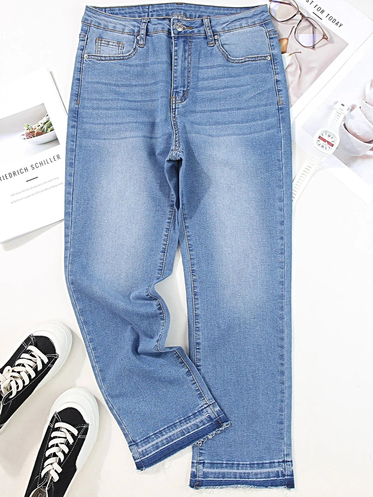 Whiskered Wash Raw Hem Cropped Jeans -