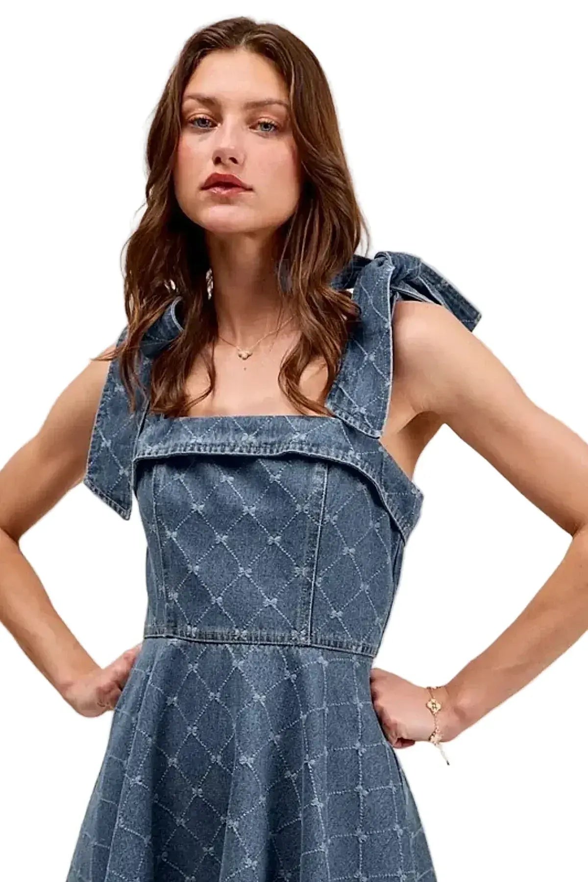 Elegant A-Line Fit and Flare Denim Dress with Diamond Bow Ribbon Detail -
