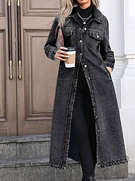 Longline Button-Front Denim Coat -