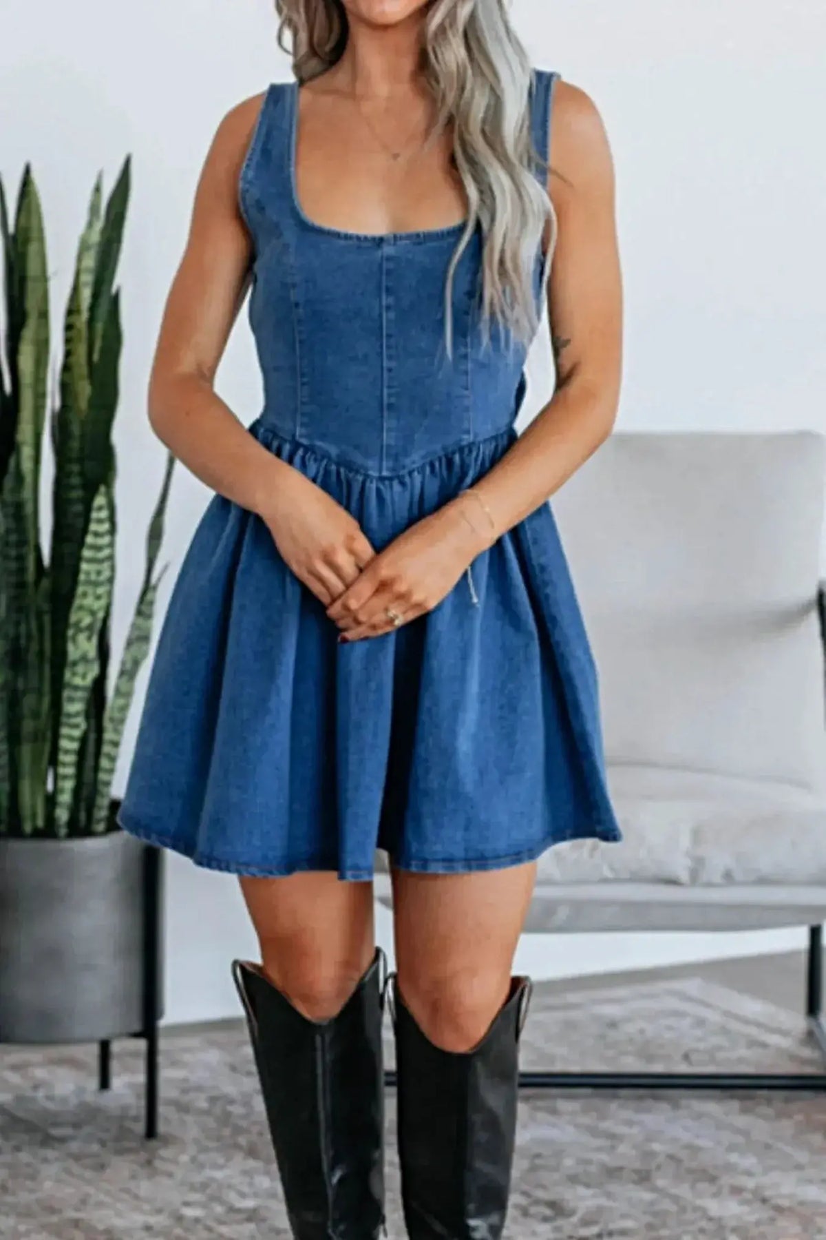 V-Back Bow Tie Denim Skater Dress -