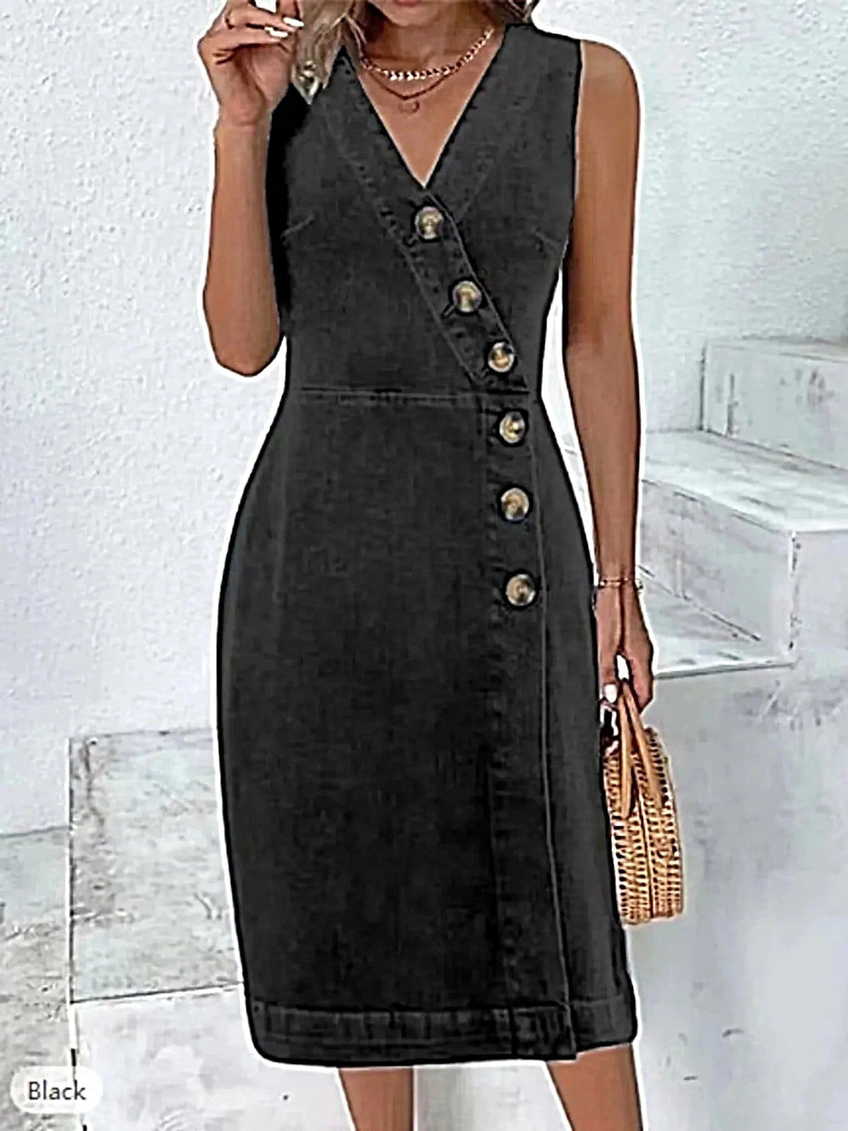 Chic Button-Front Sleeveless Denim Dress with Classic Cotton Blend, Sizes S-2XL -