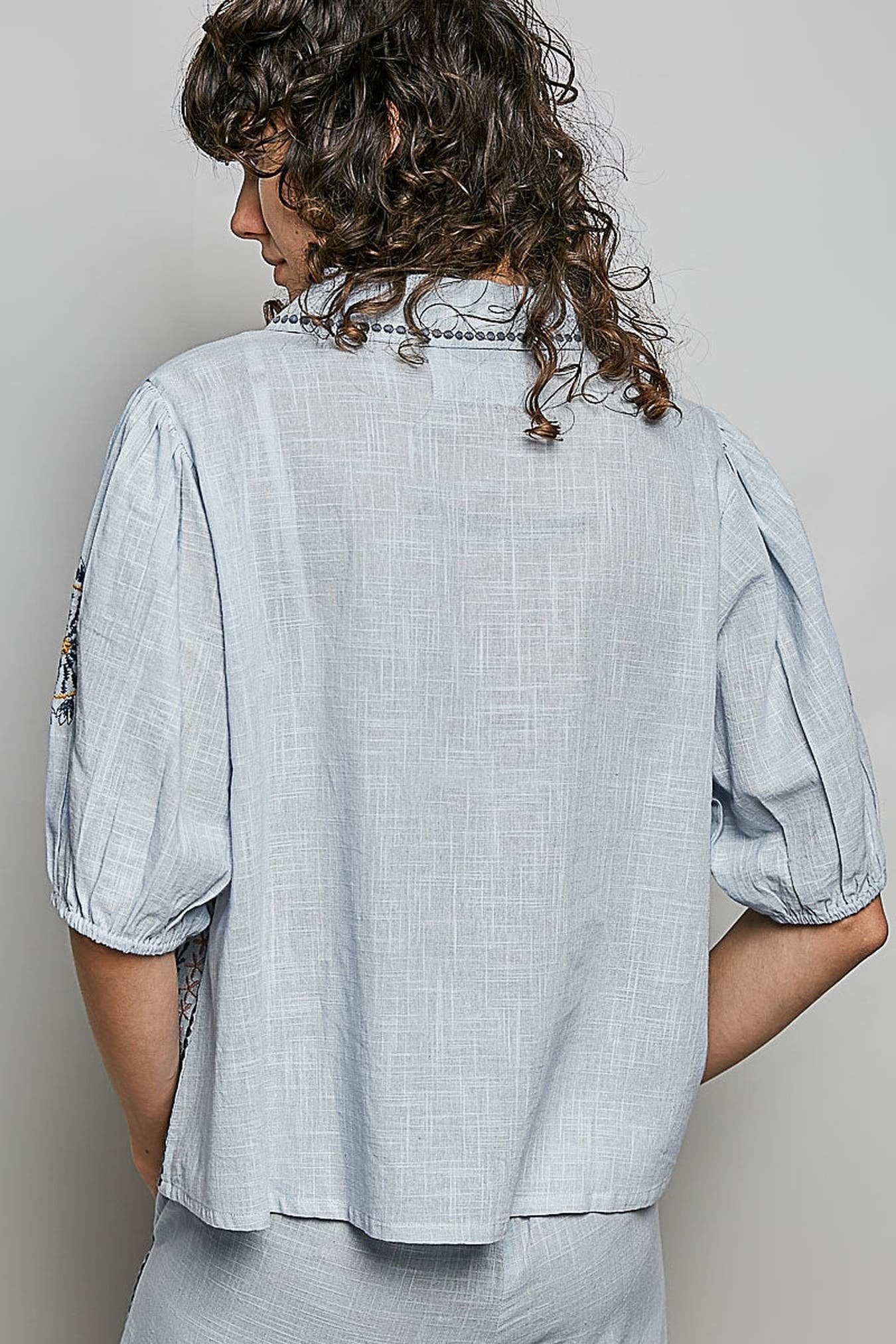 POL Button Down Embroidered Floral Short Sleeve Shirt -