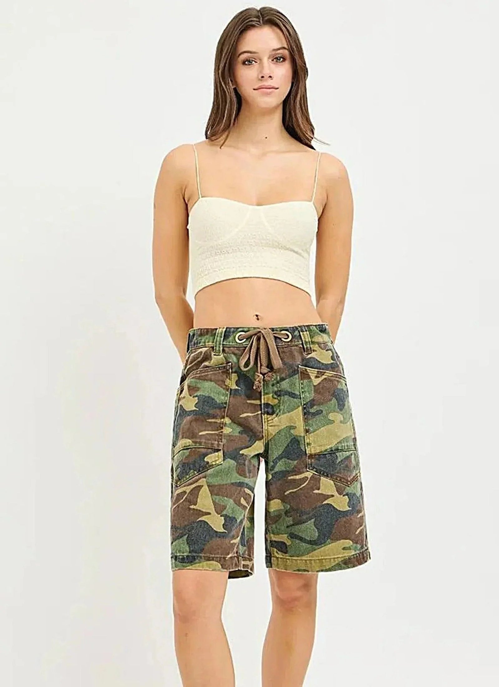 RISEN Camo Print Slouchy Jorts with Eyelet Drawstring -